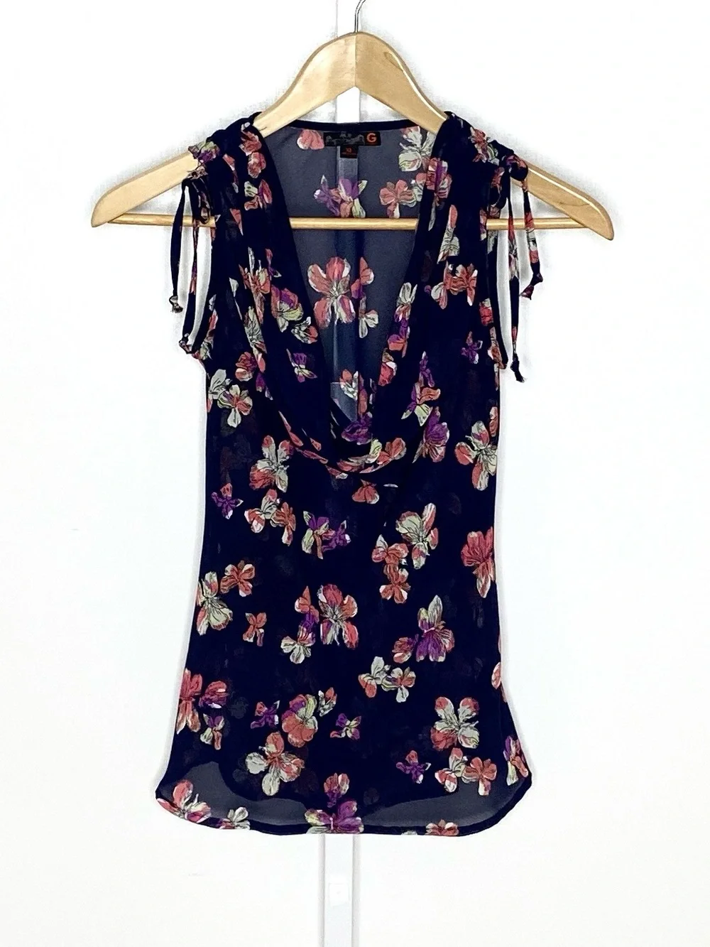 G by Guess | Y2K Navy/Pink/Purple Floral Sheer Wimsigoth Fairycore Blouse Sz XS
